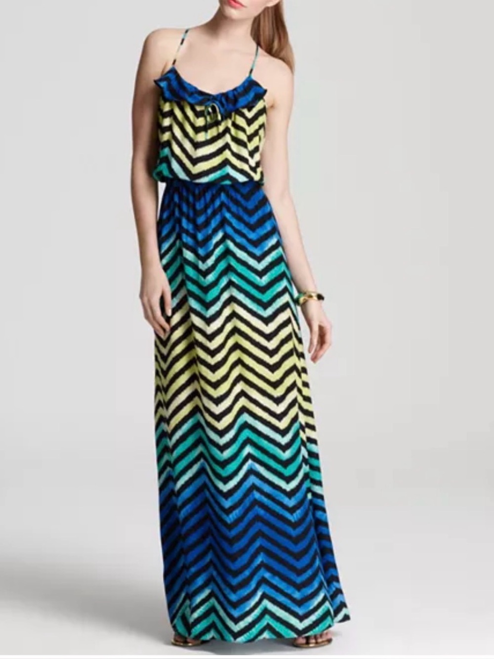 Parker blue and yellow chevron ombre maxi dress Silk charmeuse Dry clean size S